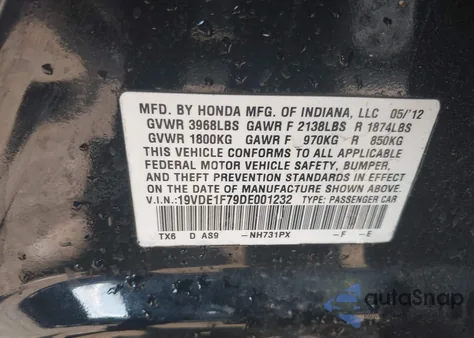 2013 Acura Ilx 2.0L из США, поврежденный, VIN 19VDE1F79DE001232